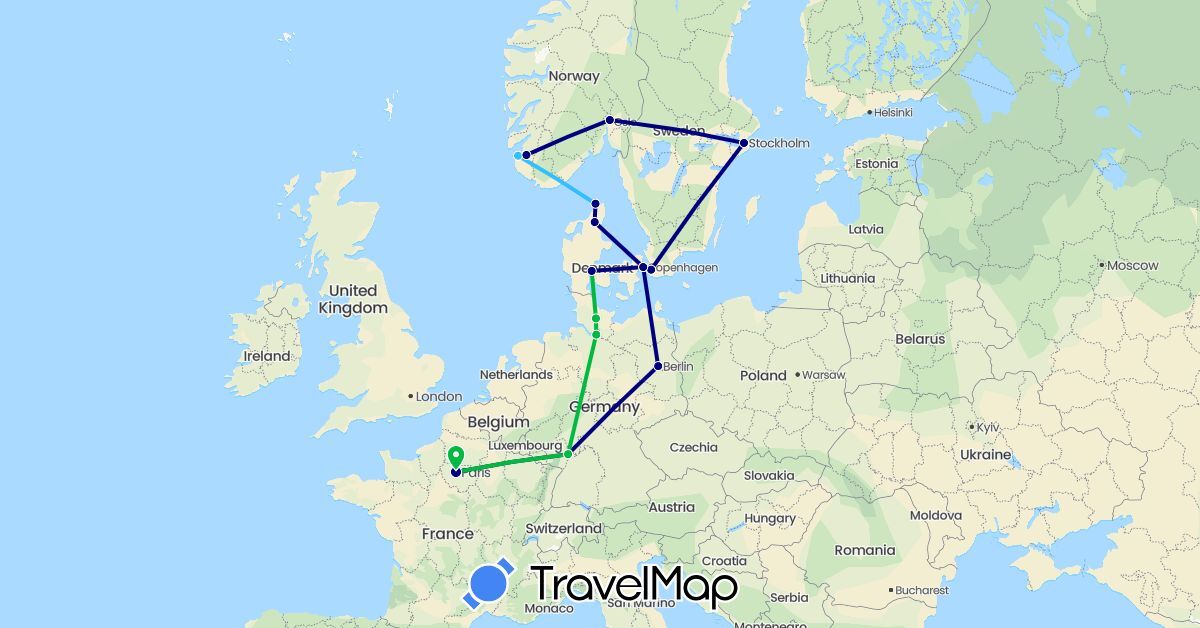 TravelMap itinerary: driving, bus, boat in Germany, Denmark, France, Norway, Sweden (Europe)